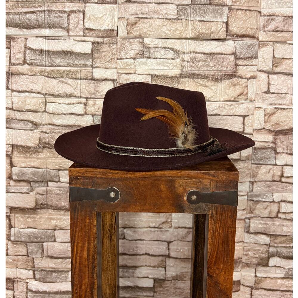 Gigi Pip Brown Australian Wool Hat 55 With Belt and Feather Womens Hat